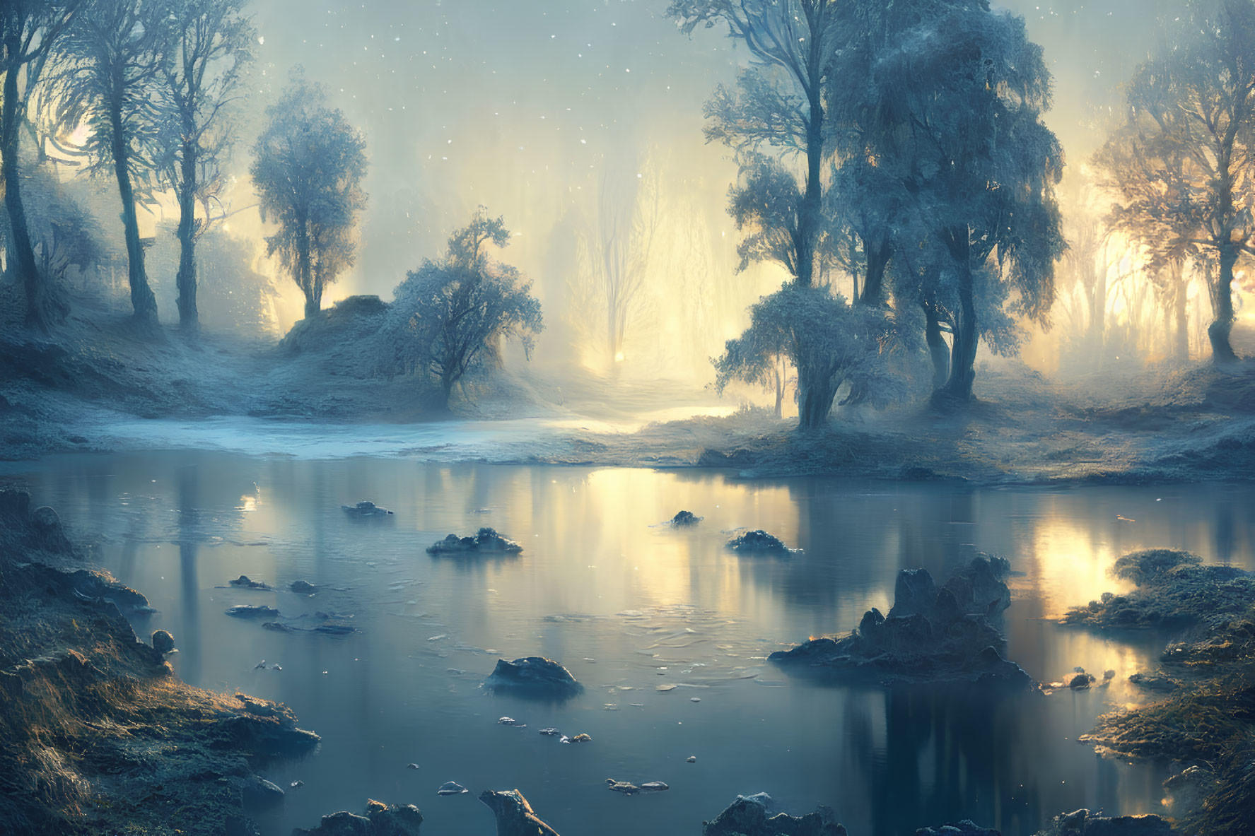 Misty forest scene with serene water and blue light