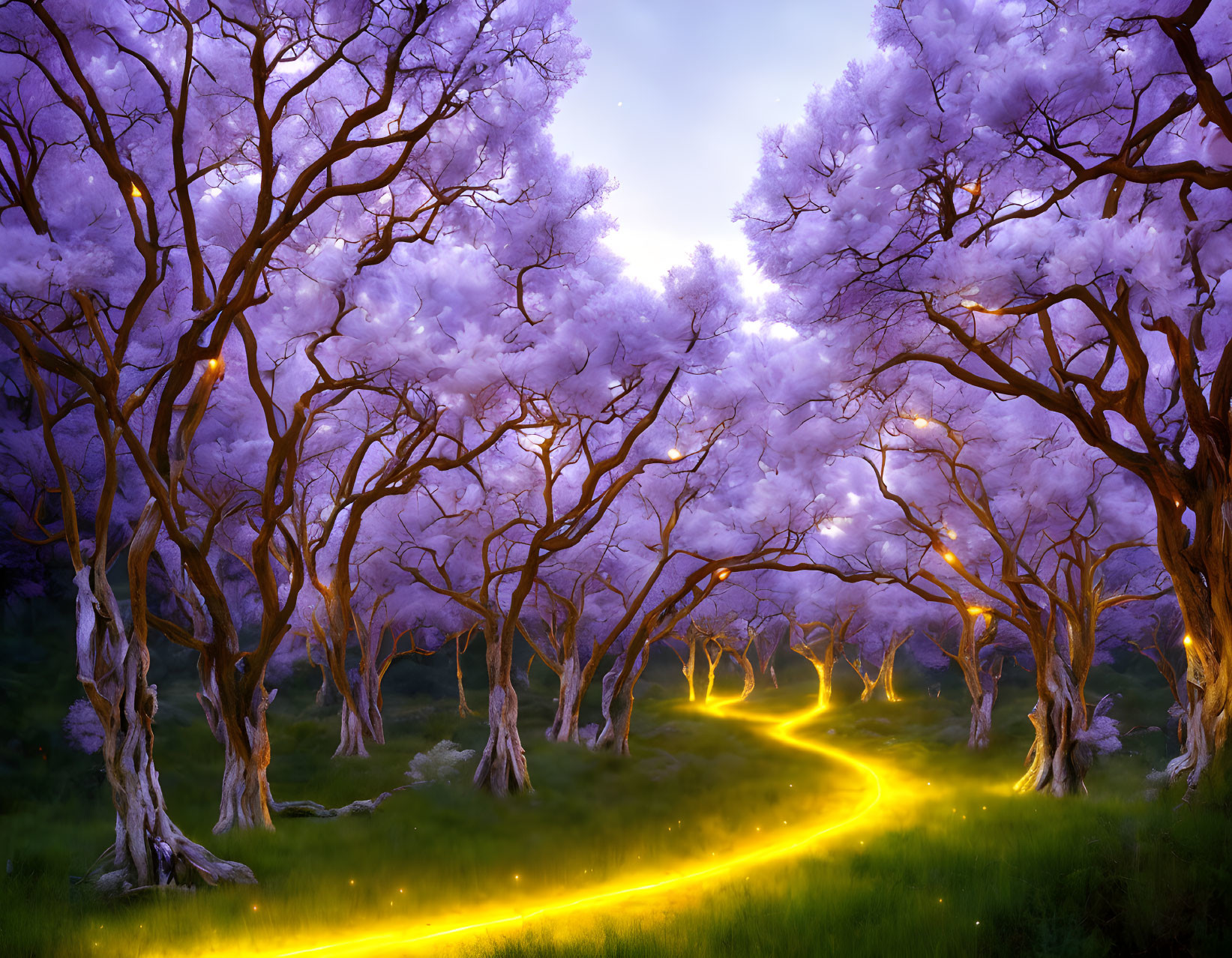 Mystical forest with luminous trail and purple leaves