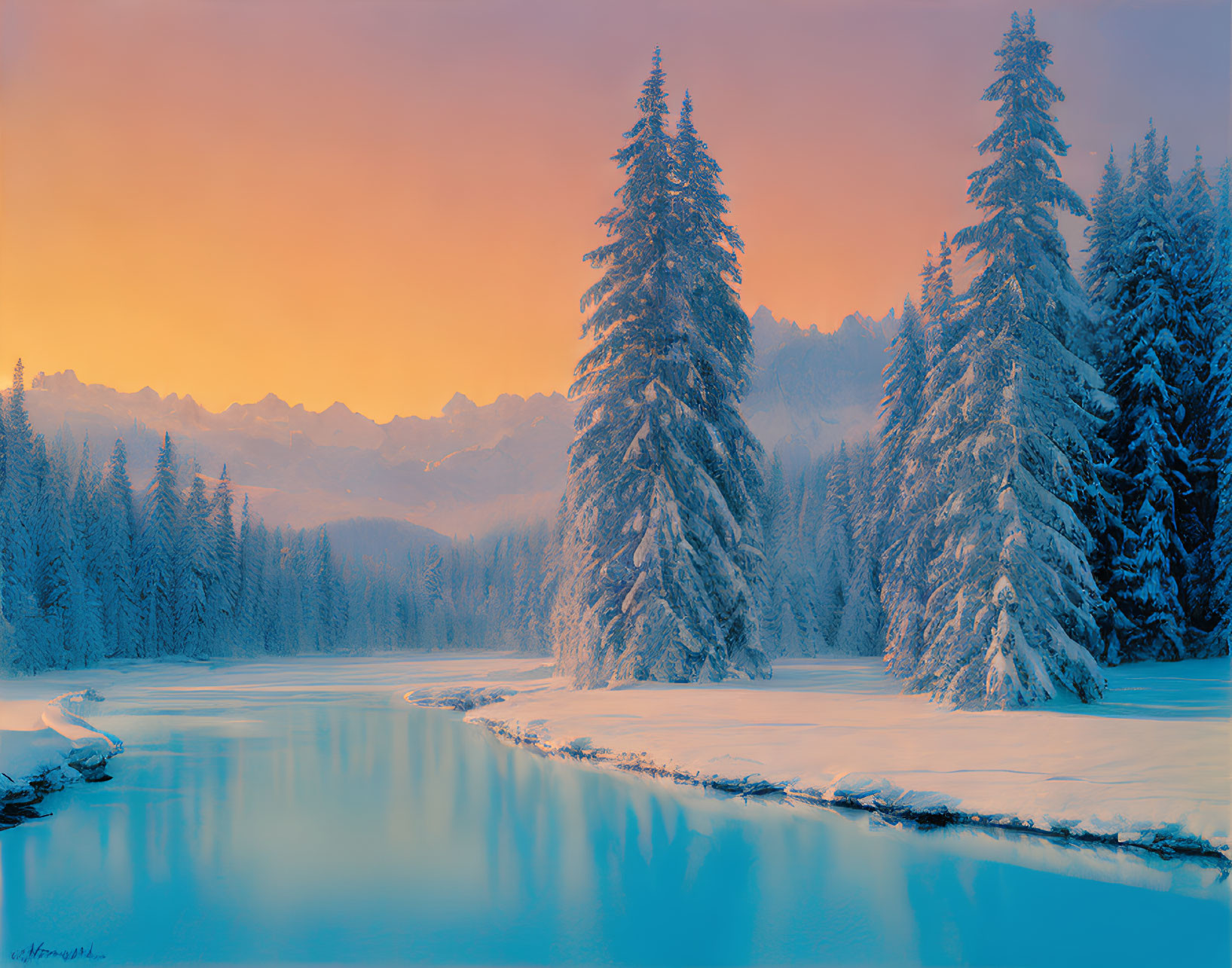 Snow-covered trees by frozen river under pastel sunset sky