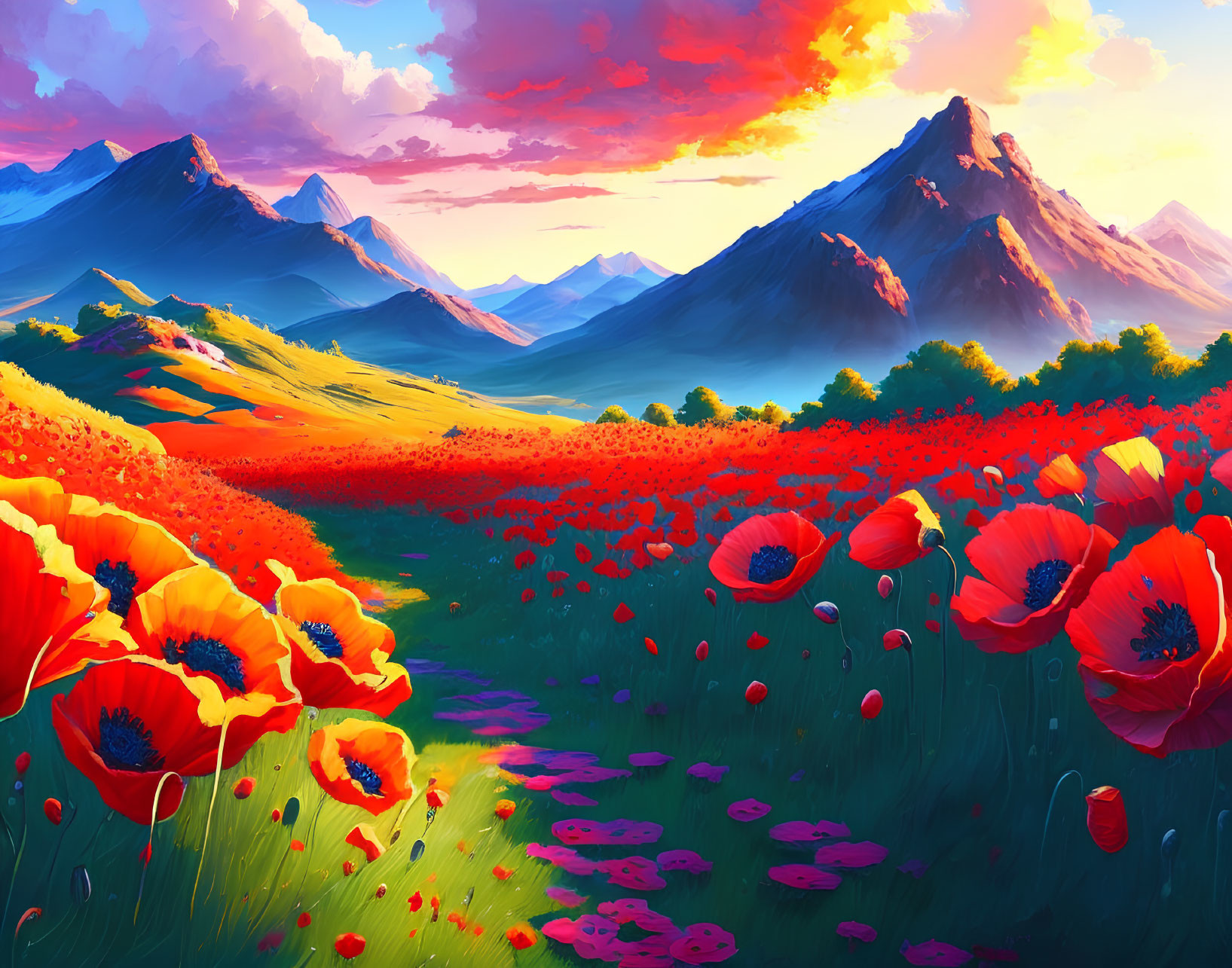 Colorful digital painting: Poppy field, hills, mountains, sunset sky