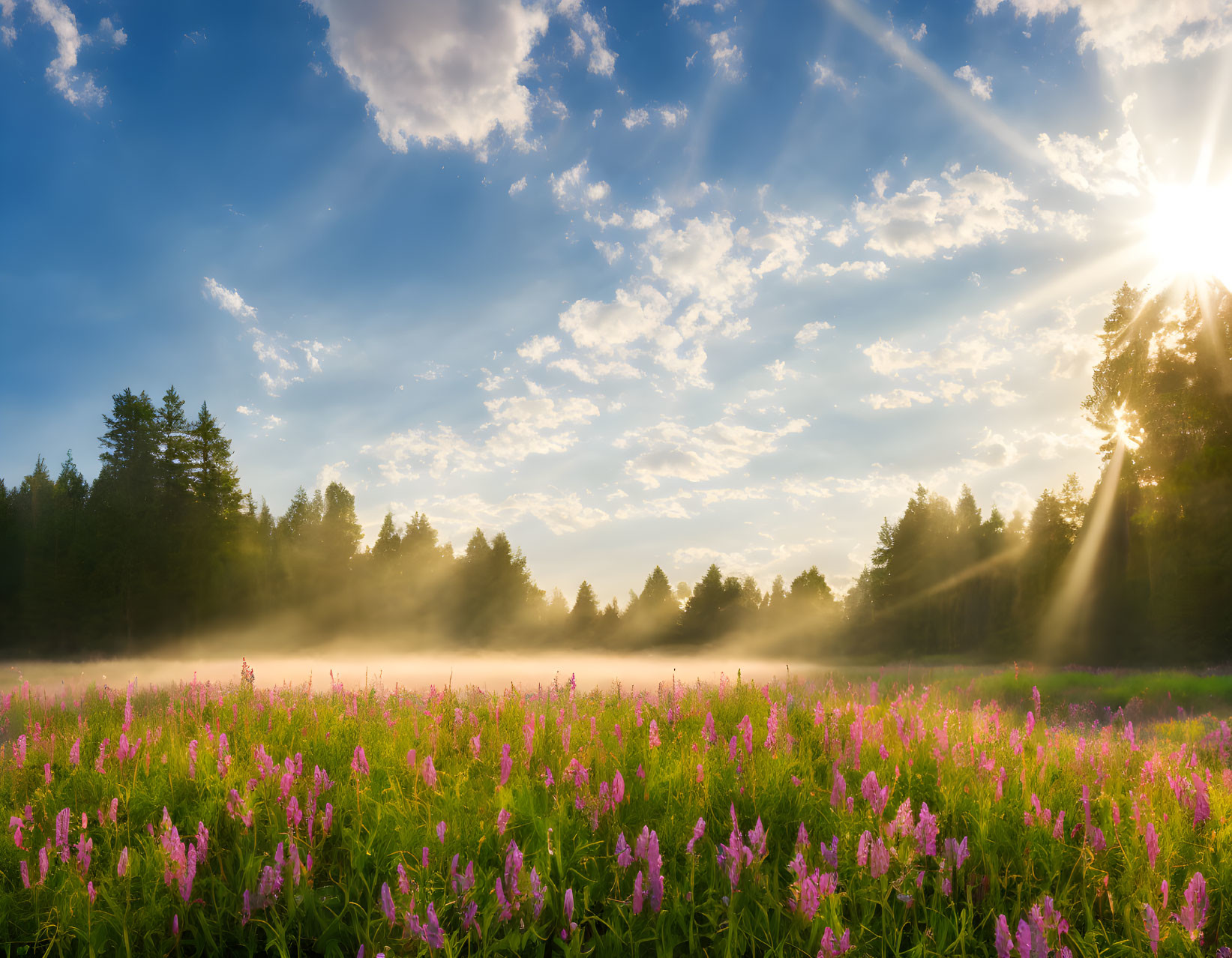 Misty meadow at sunrise with pink wildflowers and forest backdrop