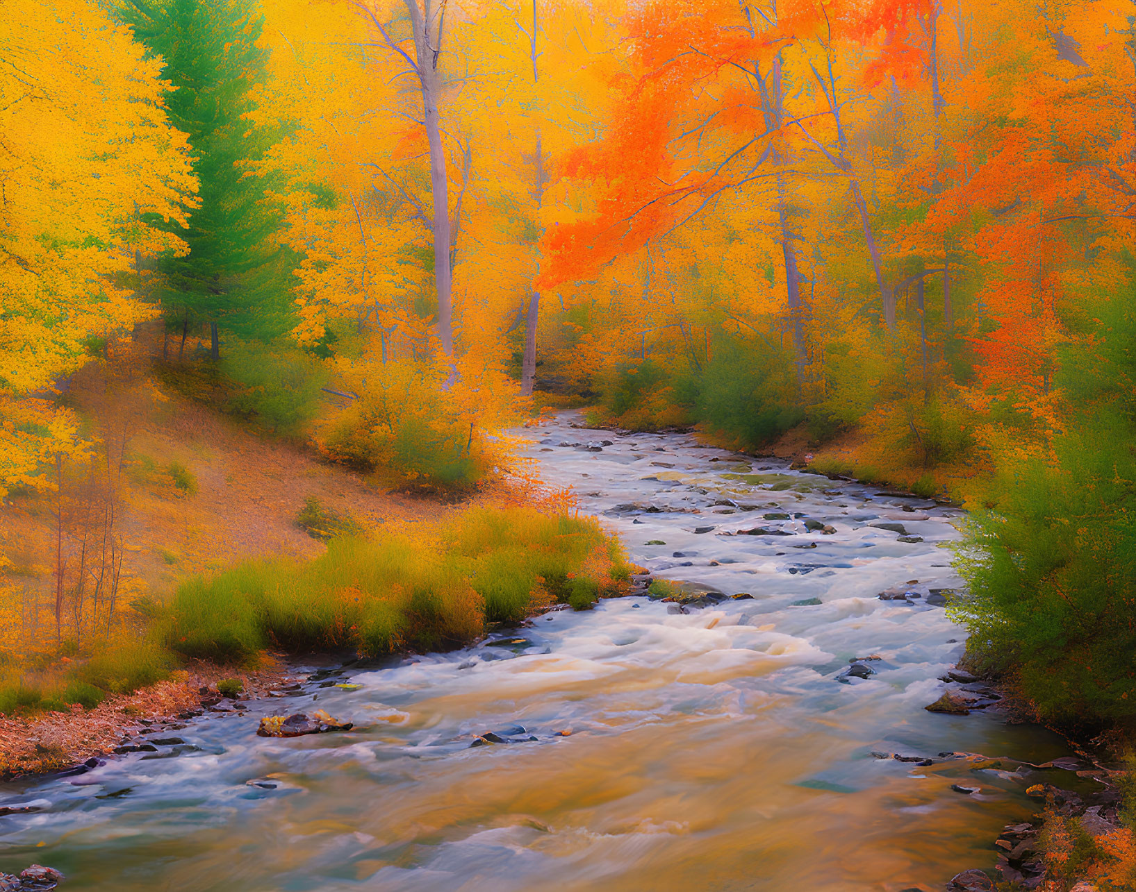 Vibrant autumn stream with yellow and orange trees