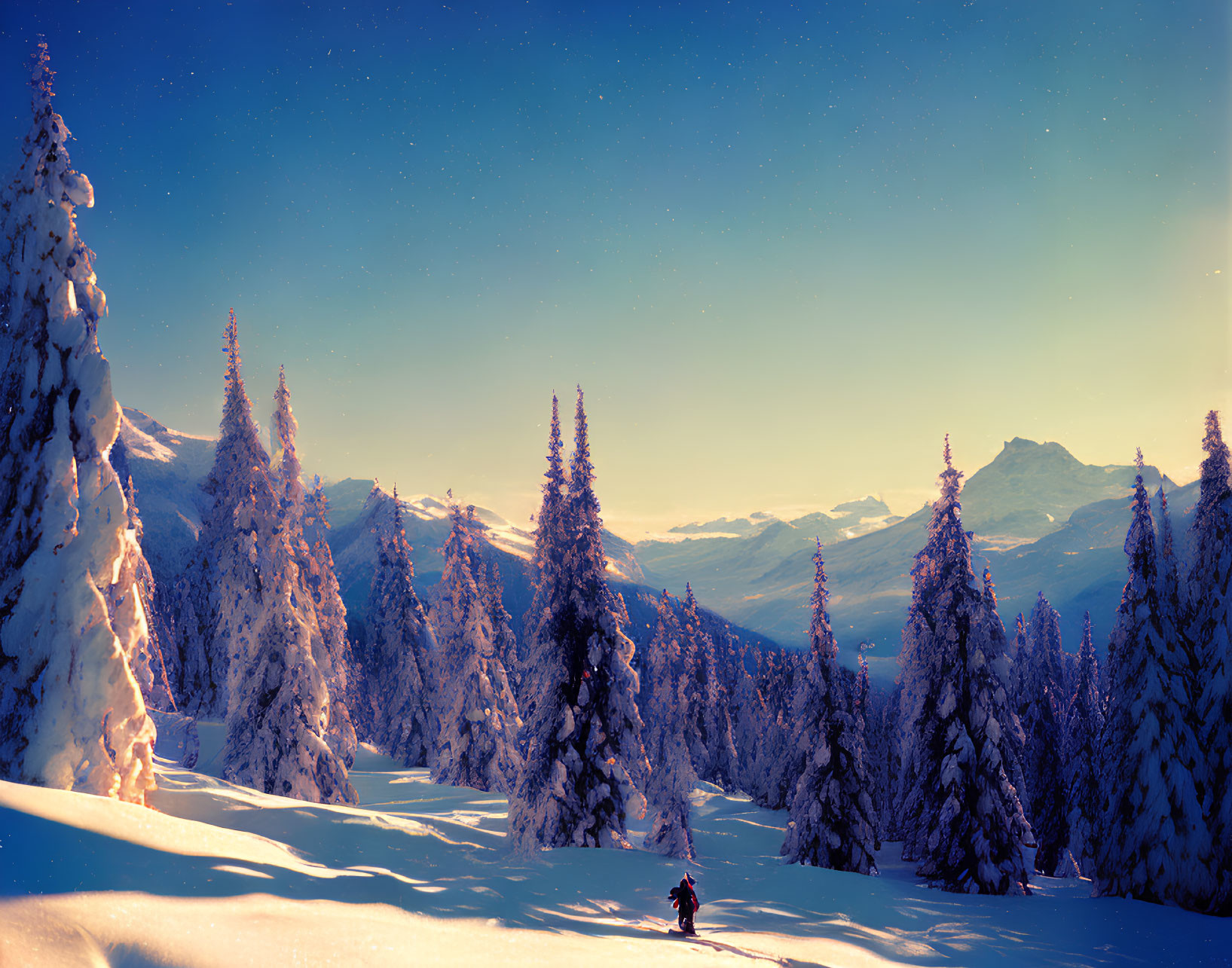 Winter landscape with snow-covered pine trees, skier, and sunset sky