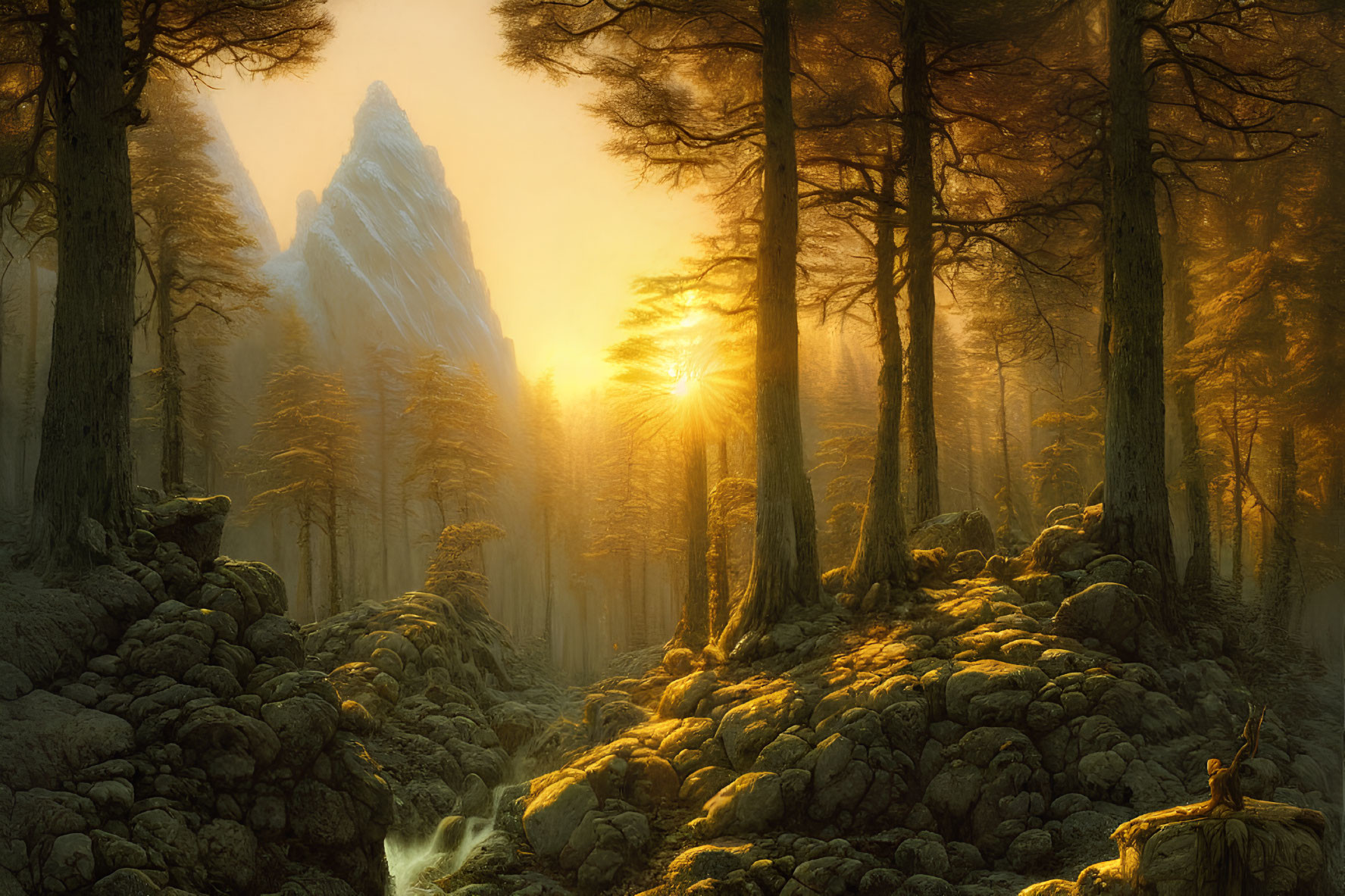 Tranquil Forest Sunrise with Trees, Mountain, Waterfall, and Deer