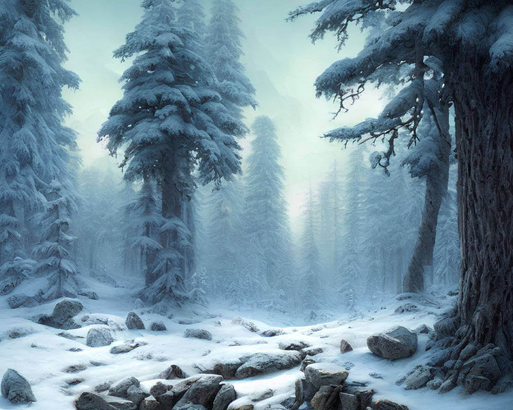 Snowy forest with towering trees and untouched snow blanket