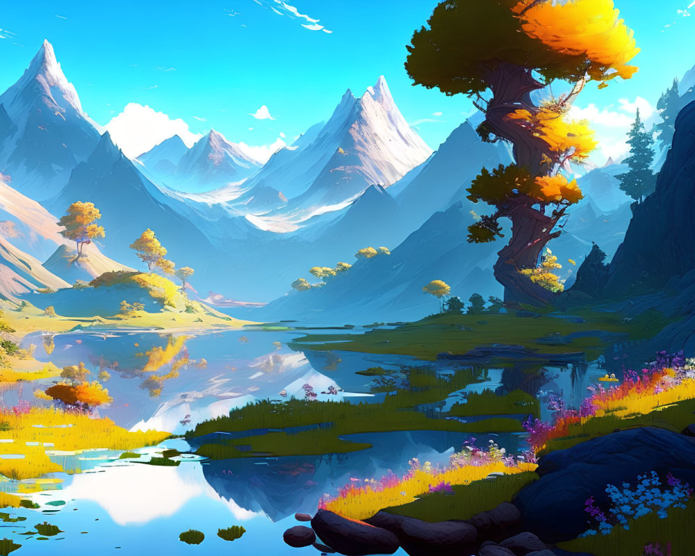 Serene lake, snowy peaks, colorful flora in vibrant digital landscape