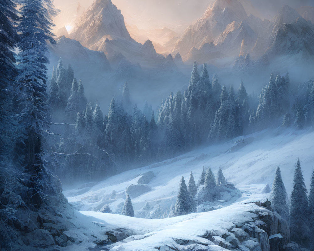 Snow-covered trees, winding path, mountains in winter landscape.