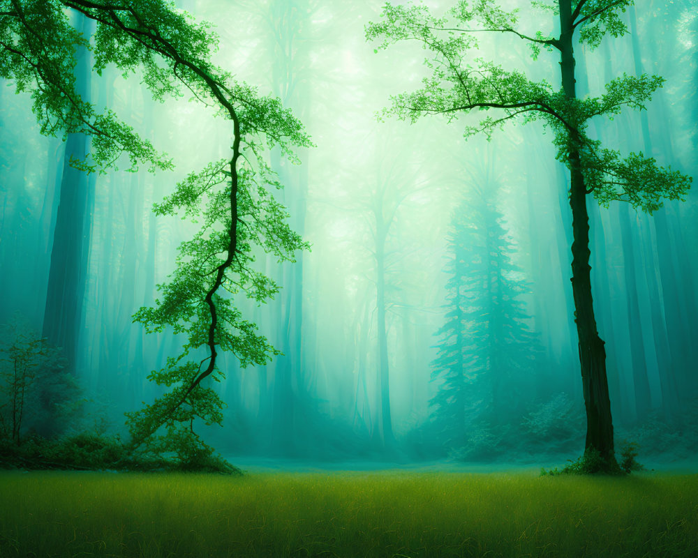 Lush forest with misty atmosphere and green glow in clearing