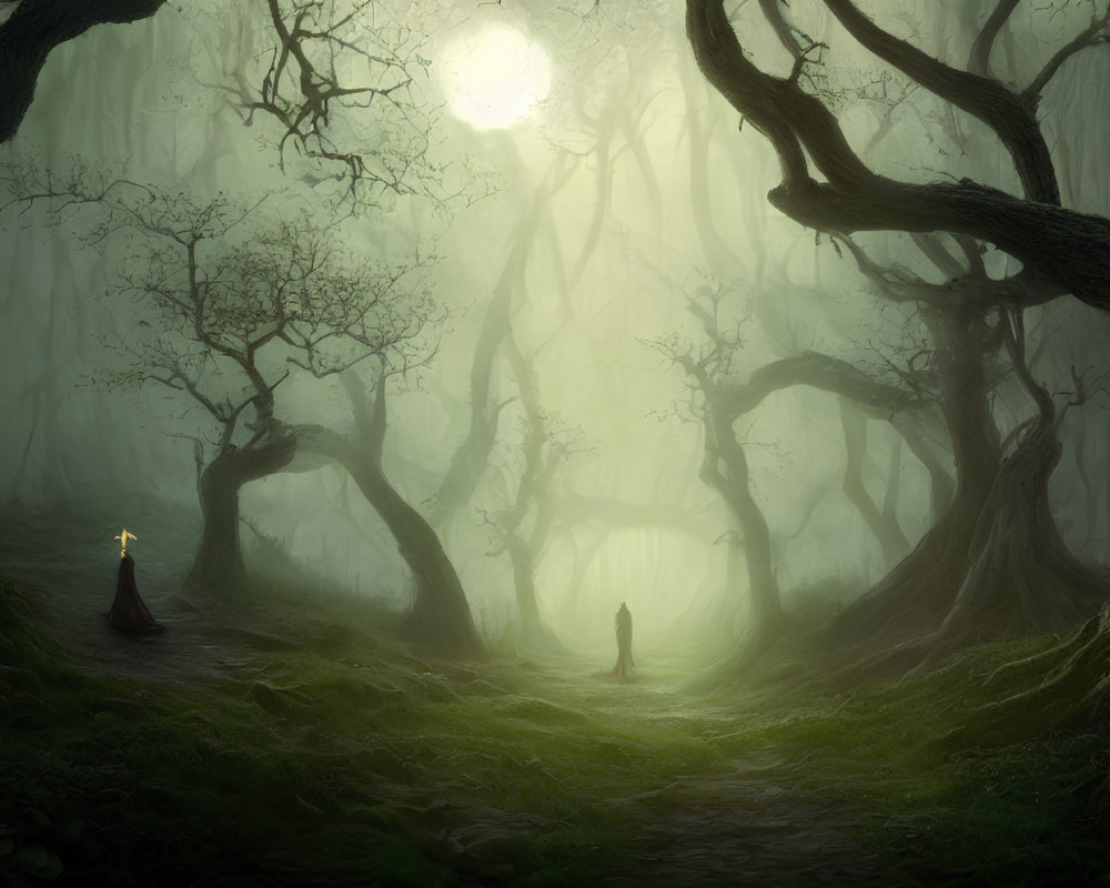 Ethereal forest scene with twisted trees, glowing orb, and cloaked figure