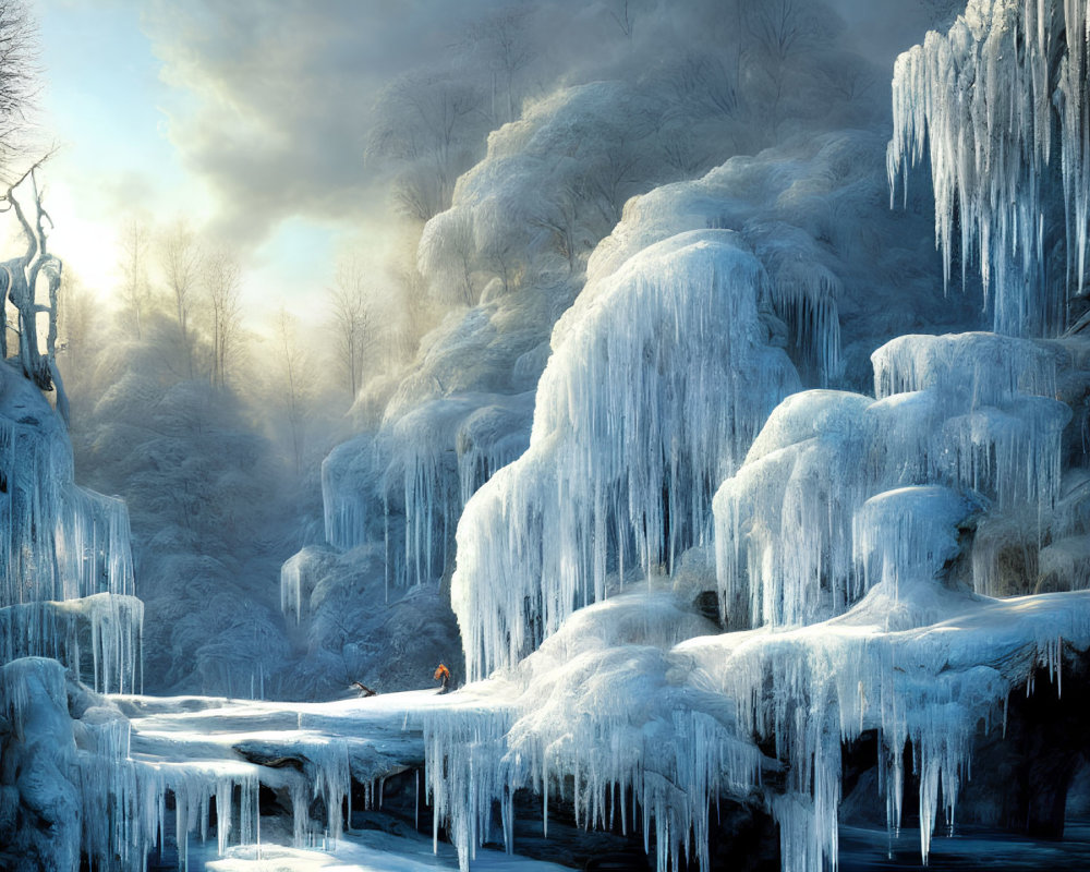 Snowy landscape with icicles, distant figure, and sunbeam through misty trees.