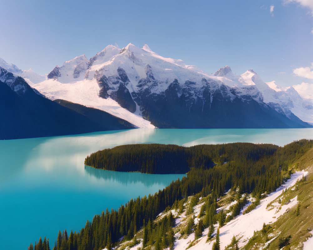 Turquoise Lake Surrounded by Snow-Capped Mountains