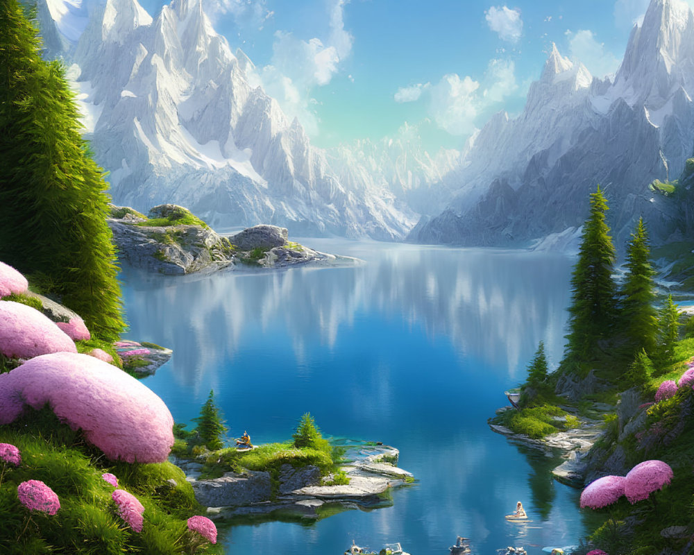 Tranquil mountain lake with pink bushes, snowy peaks, and blue sky