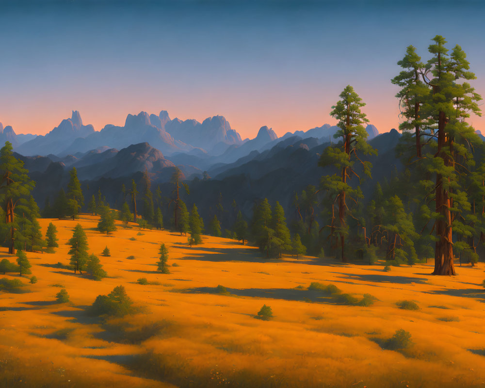 Tranquil landscape with golden meadow, pine trees, and distant mountains