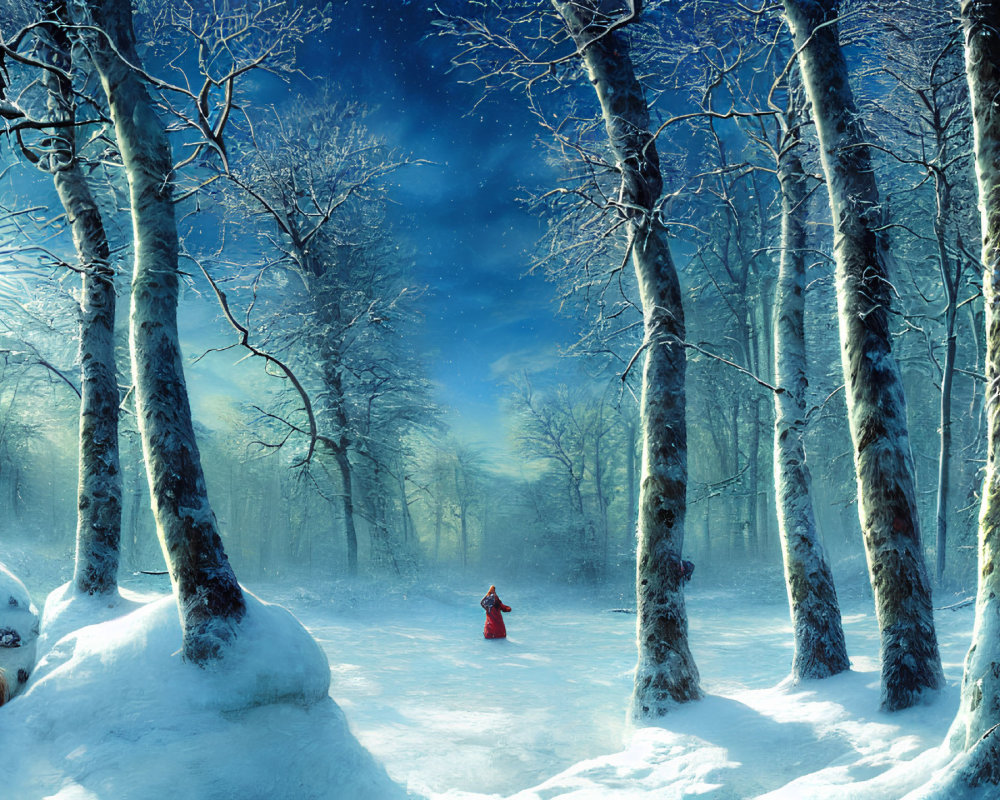 Person in red cloak in snowy forest with sunlight, mist, and animal resting.