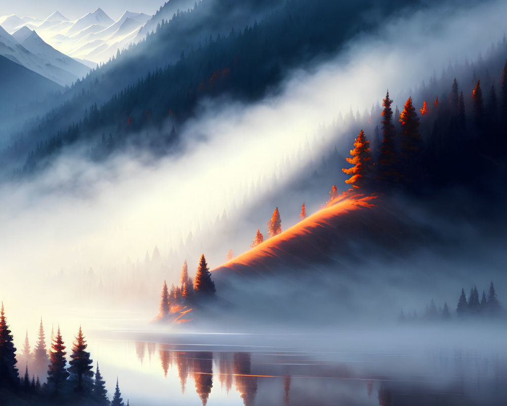 Tranquil landscape: misty mountains, serene lake, sunlit pines