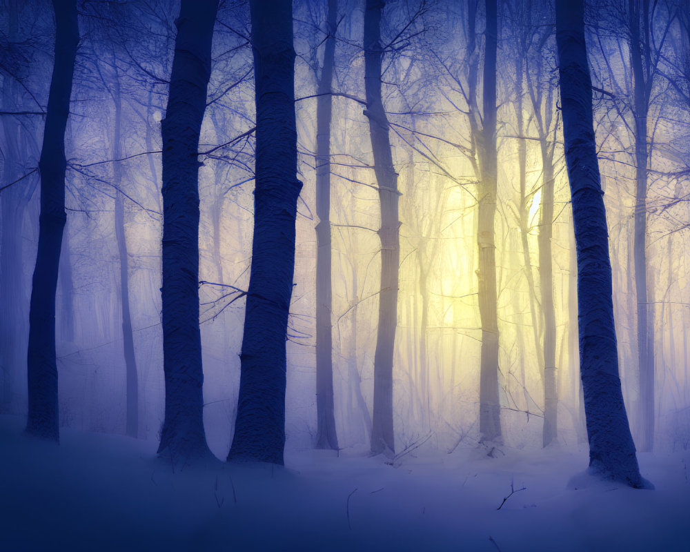 Snow-covered Blue Forest with Light Piercing Through Mist