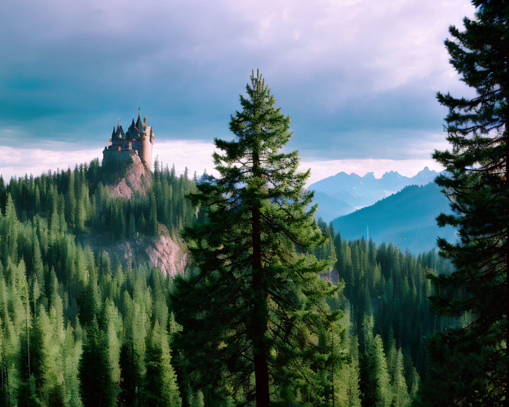 Majestic castle on hill in pine forest with mountains under cloudy sky