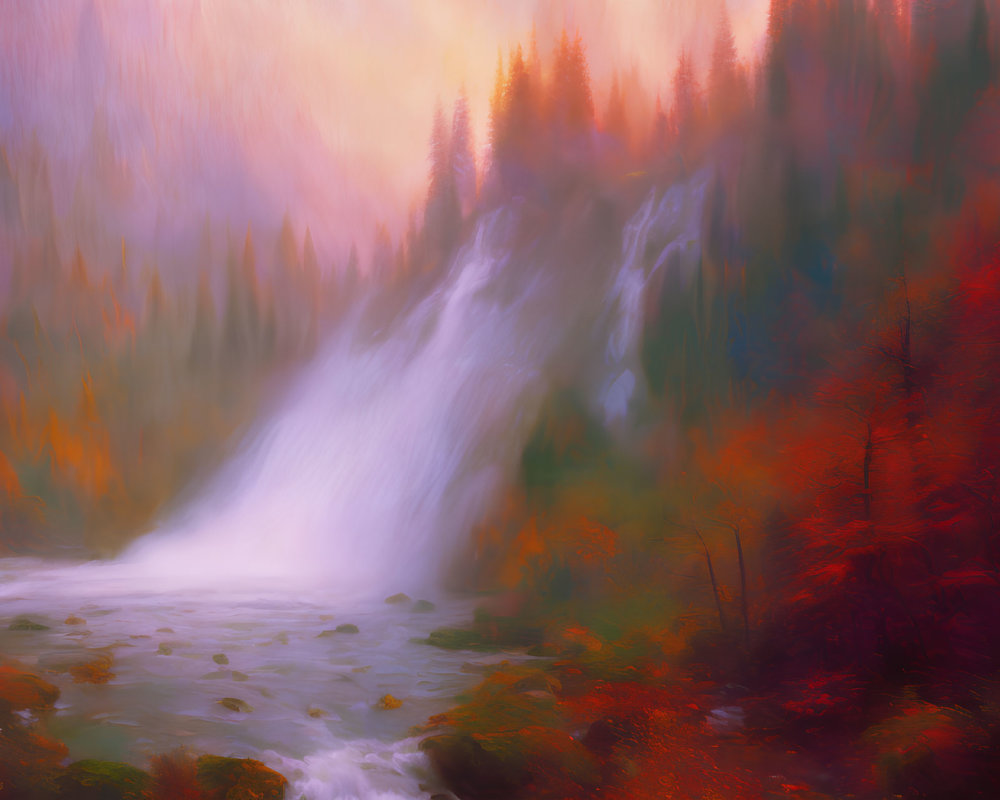 Scenic autumn landscape with cascading waterfall and colorful foliage