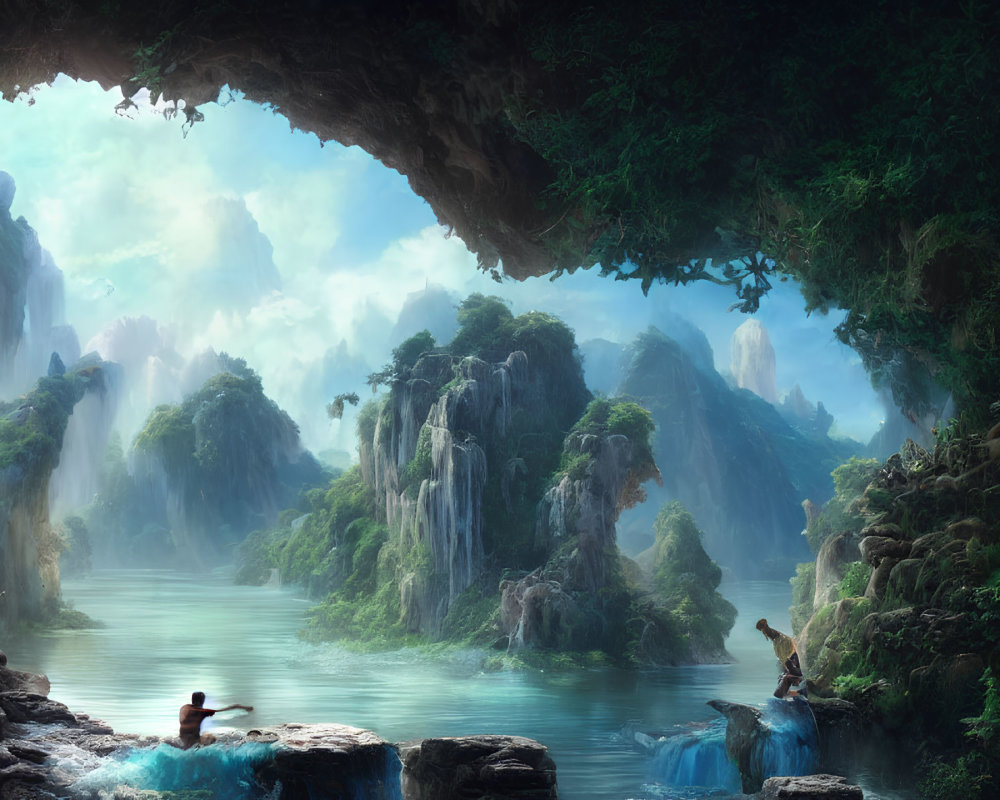 Tranquil fantasy landscape with water cave, lush greenery, waterfalls, misty mountains,