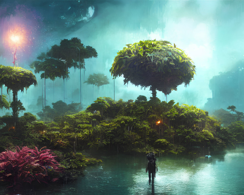 Mystical forest with oversized flora, bioluminescent plants, and figure by tranquil river under