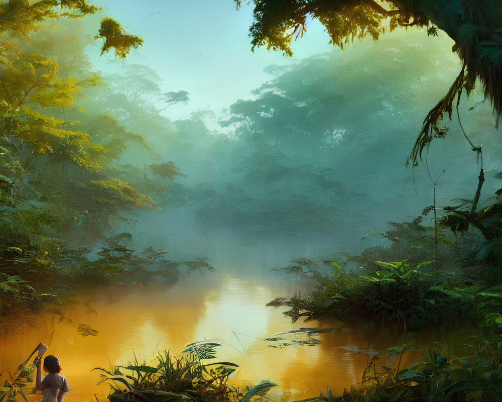 Misty Jungle Scene with River, Foliage, and Person Holding Spear