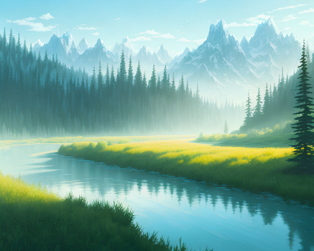 Tranquil landscape with river, grassy banks, forests, mountains, blue sky