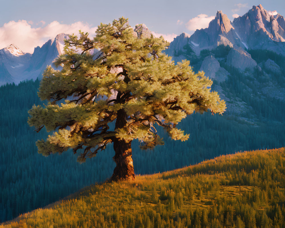 Solitary tree on grassy hill with mountain peaks in background