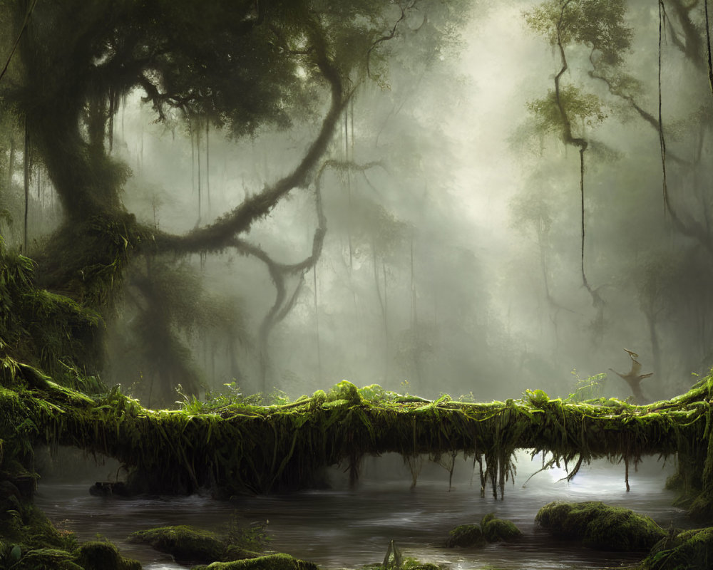 Mystical fog-shrouded forest with natural root bridge over stream