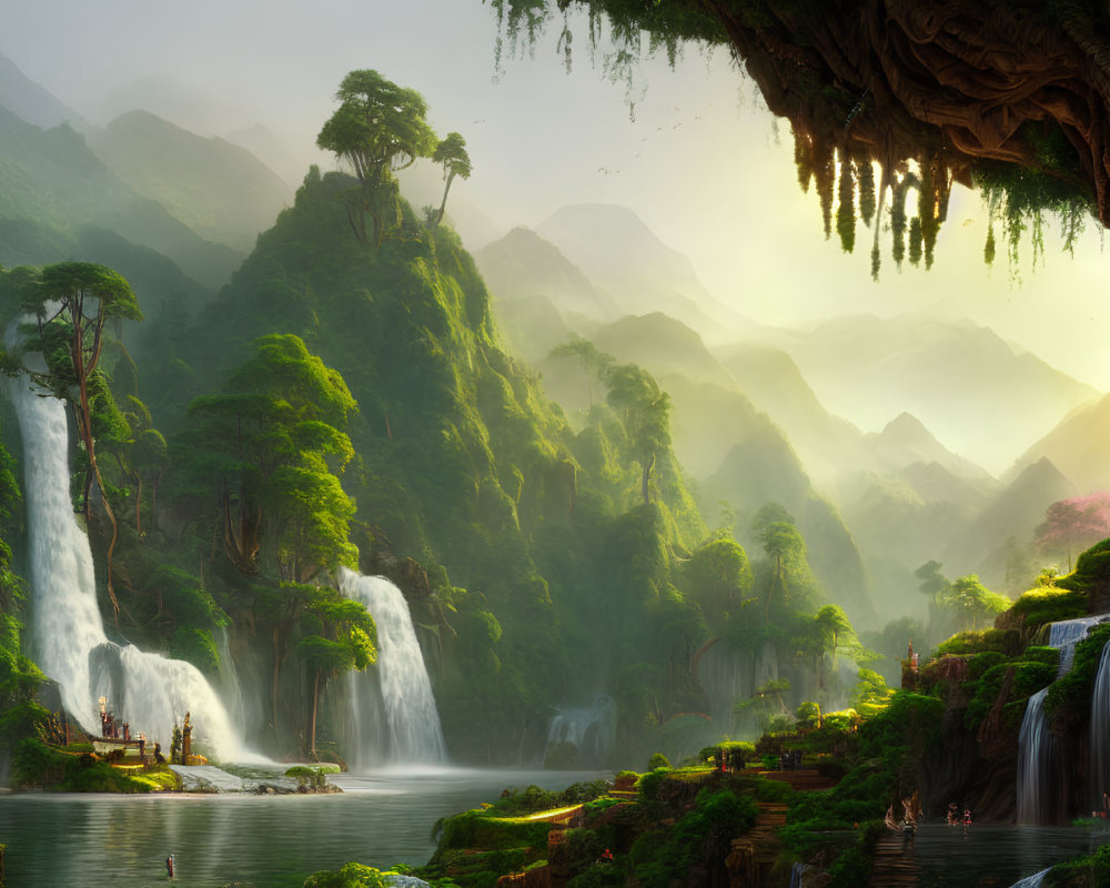 Tranquil fantasy landscape with waterfalls, lush greenery, river, and mysterious structures in mist