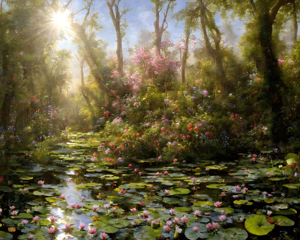 Tranquil forest scene with sunlight, blossoming flowers, and serene pond.