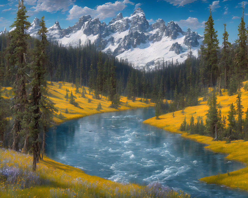 Vibrant blue river in meadow with wildflowers, pine trees, and snow-capped mountains