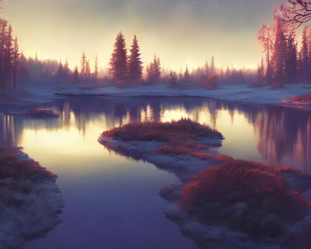 Tranquil twilight landscape with reflective river and starry sky.