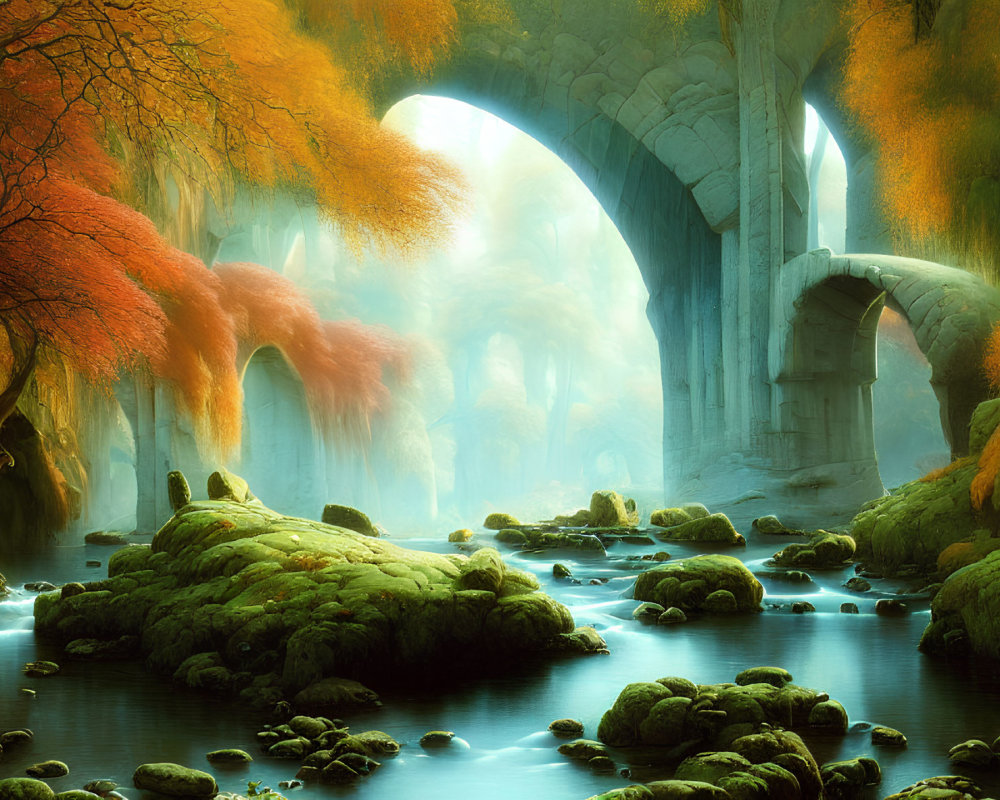 Ethereal autumn landscape with stone bridge, river, and orange trees