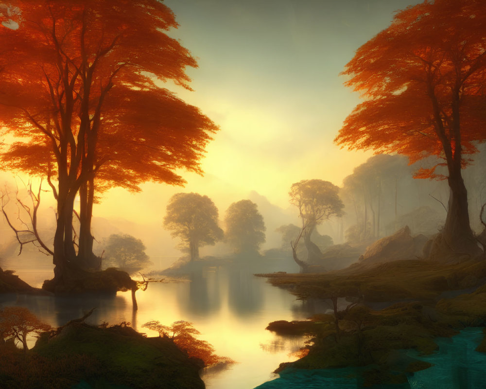 Ethereal forest with red foliage, misty atmosphere, tranquil river at sunrise or sunset