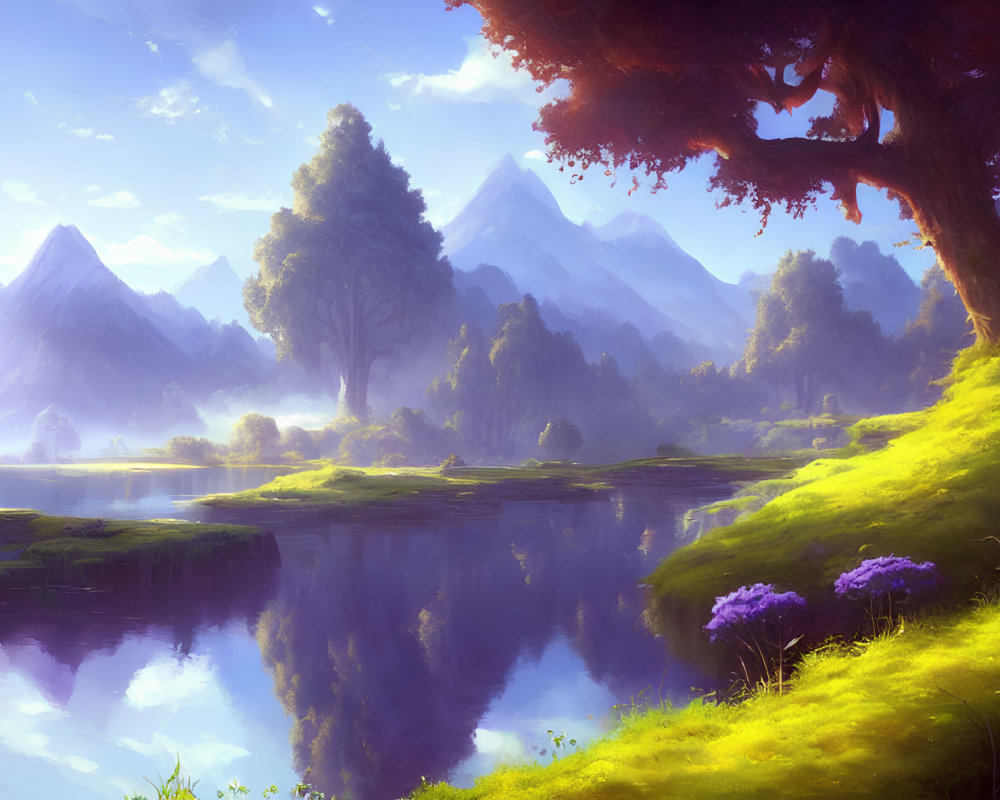 Tranquil landscape with lake, trees, flowers, mountains, and misty sky