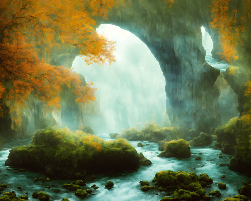 Autumnal natural arch with river, mossy rocks, and mist