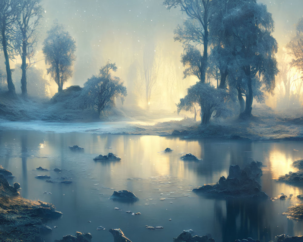 Misty forest scene with serene water and blue light