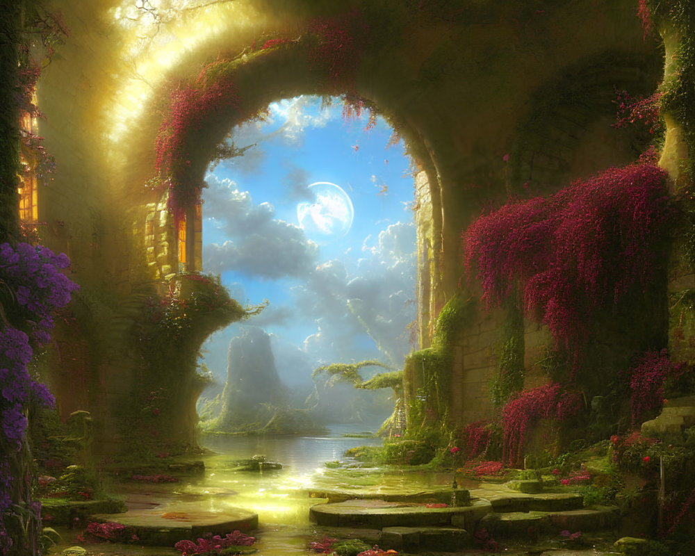 Tranquil Fantasy Landscape with Overgrown Archway and Moonlit Sky