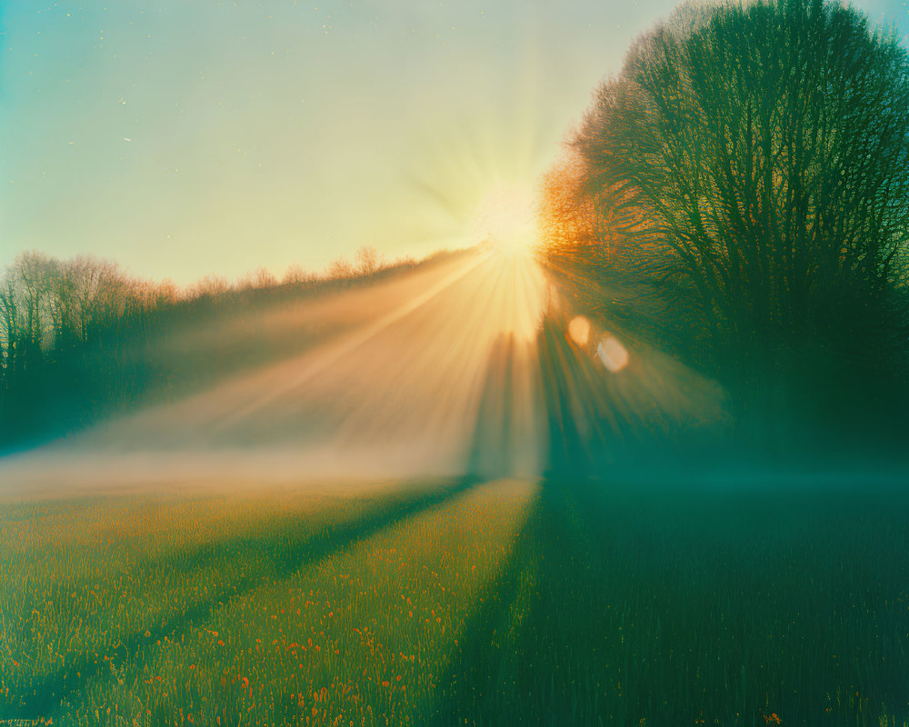 Sunrise over tranquil landscape with trees and wildflowers