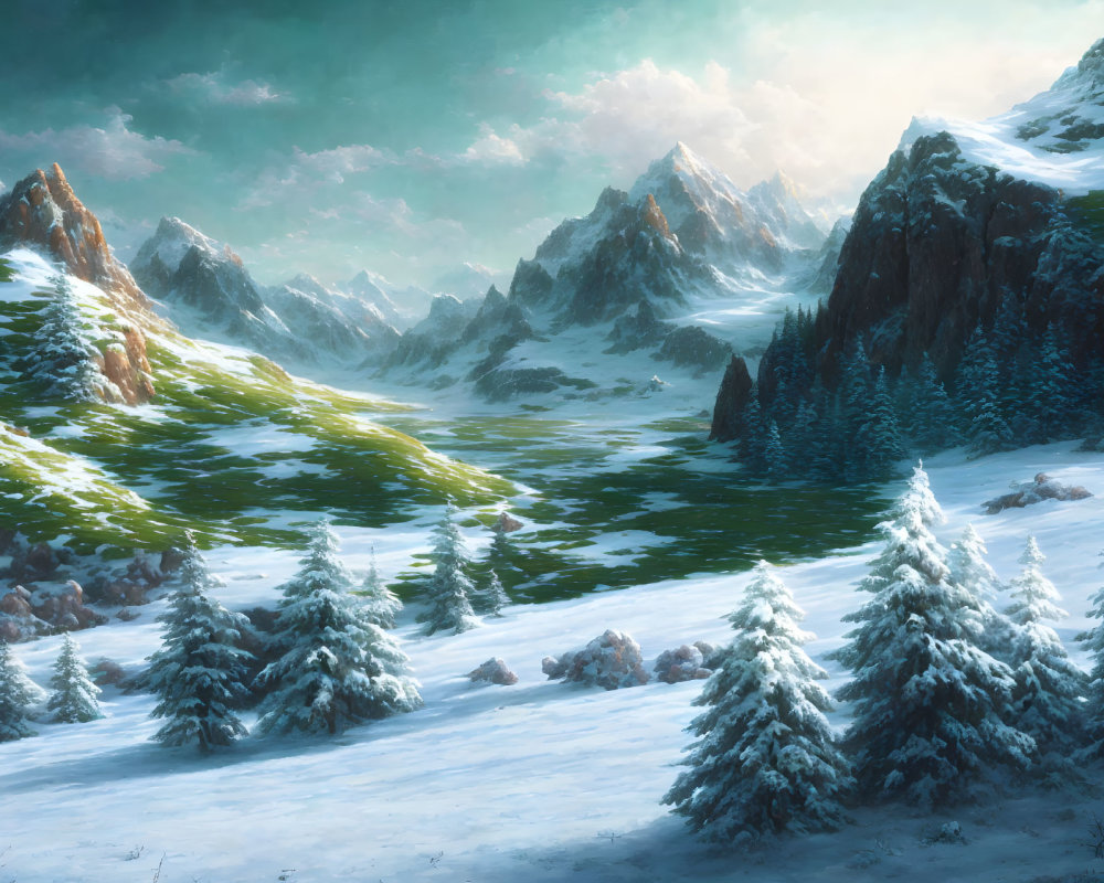 Snowy Landscape with Pine Trees, Melting Snow, and Majestic Mountains