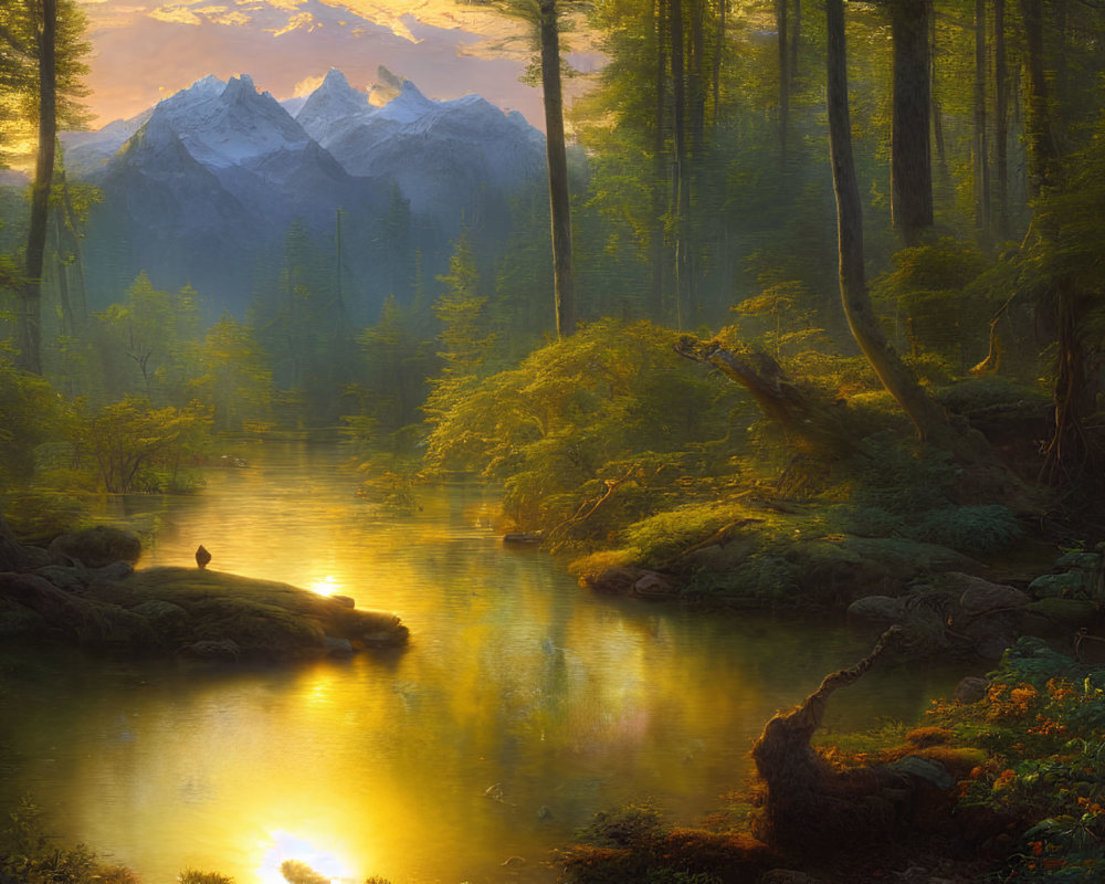 Tranquil Sunrise Scene: Forest, River, Deer, Mountains