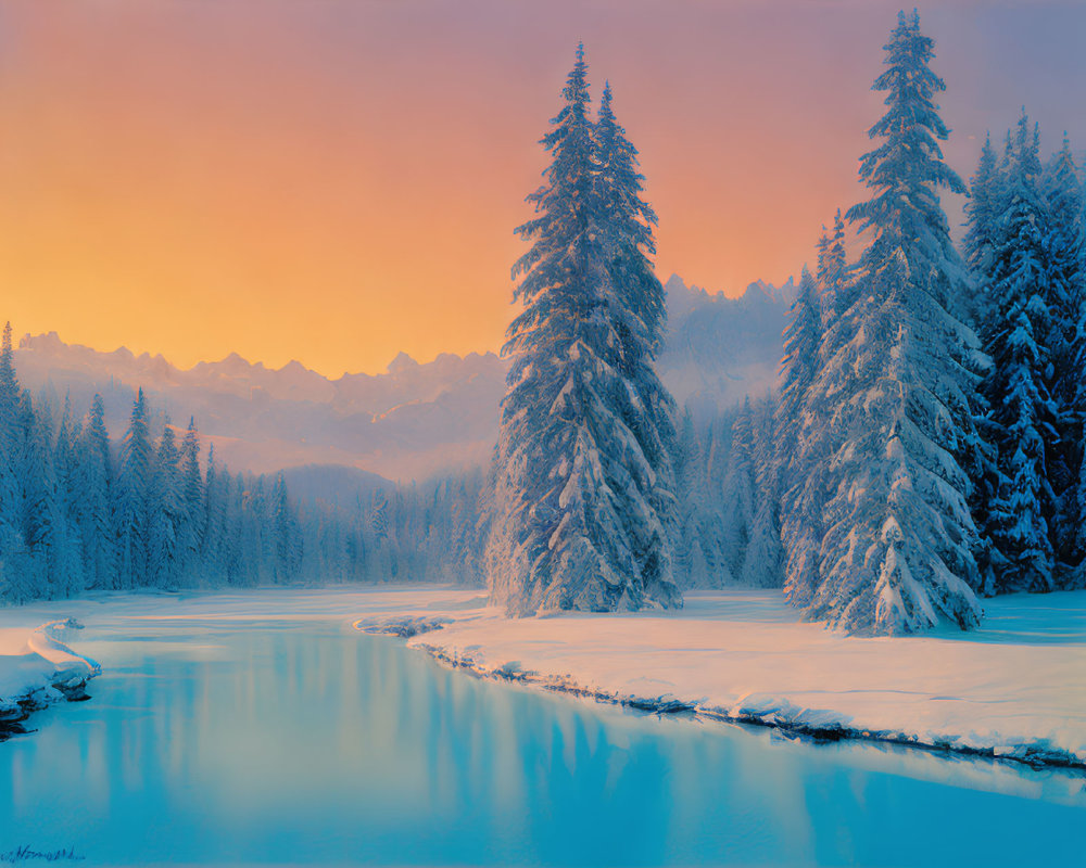 Snow-covered trees by frozen river under pastel sunset sky