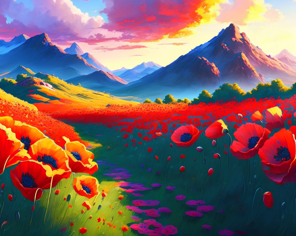 Colorful digital painting: Poppy field, hills, mountains, sunset sky