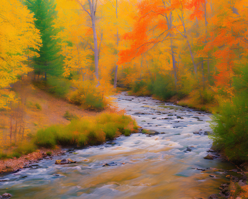 Vibrant autumn stream with yellow and orange trees