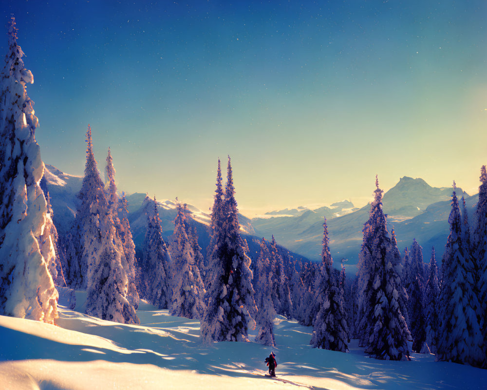 Winter landscape with snow-covered pine trees, skier, and sunset sky