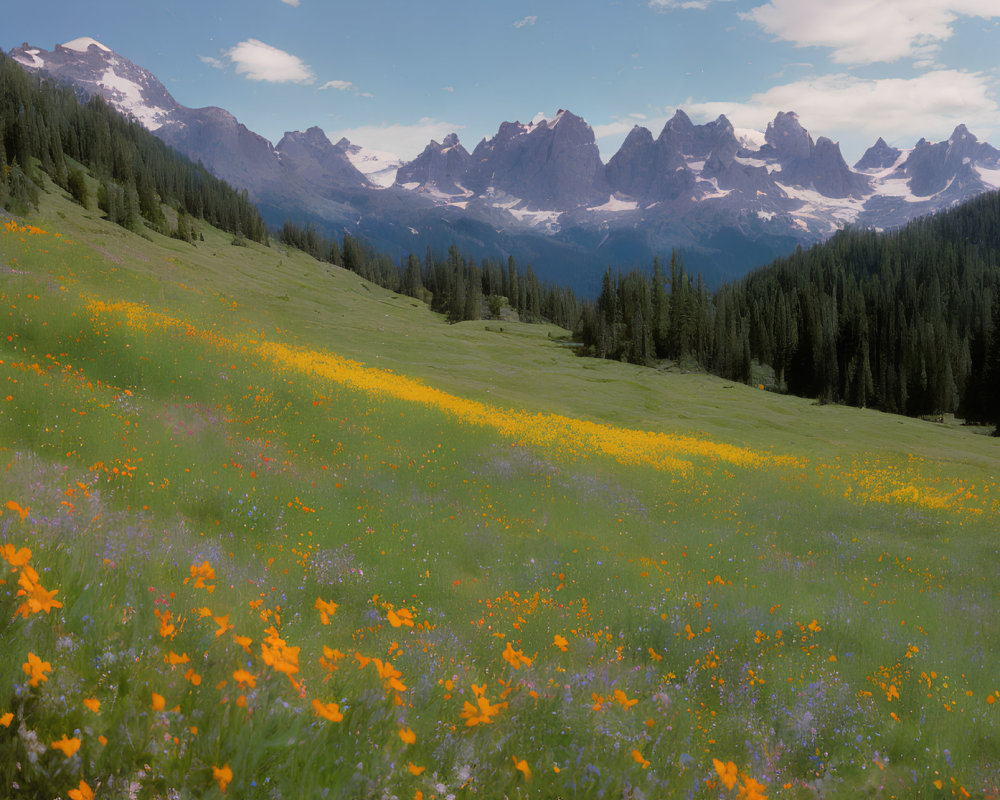 Scenic alpine meadow with yellow wildflowers and mountain range