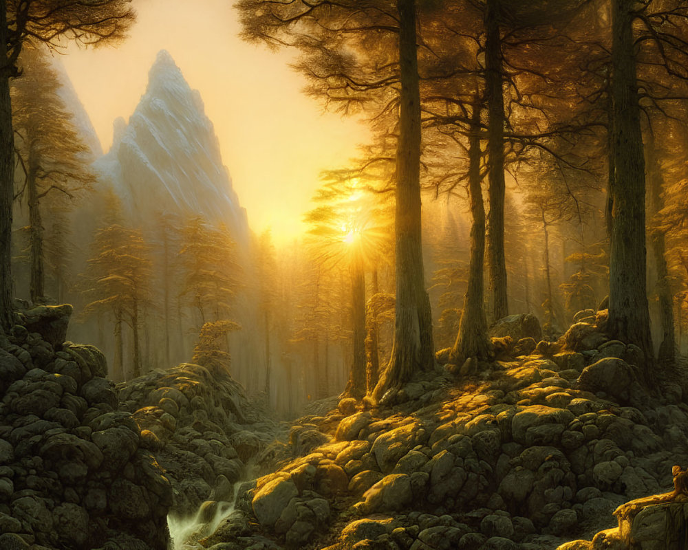 Tranquil Forest Sunrise with Trees, Mountain, Waterfall, and Deer