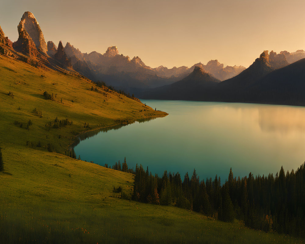 Tranquil Sunrise Landscape with Reflecting Lake & Mountain Peaks