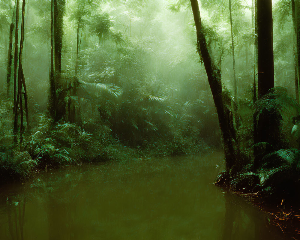 Lush Green Forest with Tall Trees and Dense Ferns in Tranquil Fog