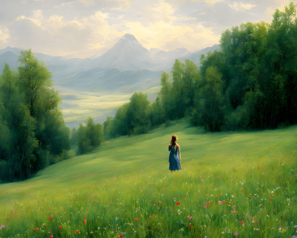 Snow-Capped Mountain, Forest, Woman in Blue Dress, Blooming Meadow